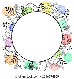 Happy Easter greeting card with round frame and Easter eggs hand drawn