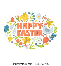 Happy Easter greeting card, round, oval banner with cute cartoon hen, rooster and spring flowers, vector illustration on white background. Easter greeting card with chicken, flowers and text
