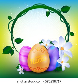 Happy Easter greeting card with round frame of painted eggs and spring flowers on colorful background. With russian text (eng.: Happy easter). Vector illustration for your design