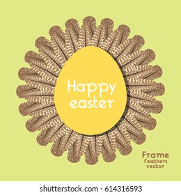 Happy easter. Greeting card with round frame of turkey feathers. Realistic spots and stripes as a bird. Vector illustration. Backdrop in the form of an egg.