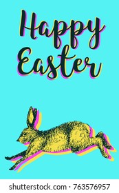 Happy Easter greeting card with running hare rabbit vector illustration. 