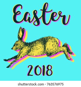 Happy Easter greeting card with running hare rabbit vector illustration.