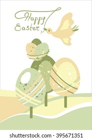 Happy Easter greeting card with scenery - vector illustration