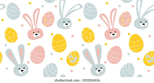 
Happy Easter greeting card seamless pattern with decorated painted Easter bunnies and eggs. Vector flat design illustration for invitations, prints, wrapping paper