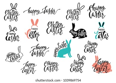 Happy Easter greeting card. Set of handwritten lettering design. Calligraphic phrase. Vector illustration EPS 10 isolated on white background.