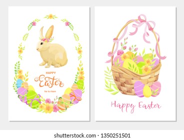 Happy Easter greeting card set with rabbit, flowers, green leaves and eggs. 