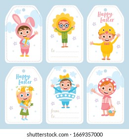 Happy Easter greeting card set. Cute kids in a bright Easter costumes. Girls and boys characters. Cute bunny, happy flower, funny egg, little chicken. Easter tags.