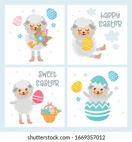 Happy Easter greeting card set. Illustration with cute lamb. Easter eggs, sheep characters and other holiday elements.