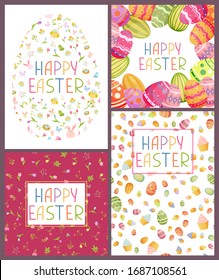 Happy Easter greeting card set with easter ornaments and decorative elements. Eggs, chickens, butterfly, rabbit, flowers, nest. Vector illustration in simple flat style. Colored stock illustration