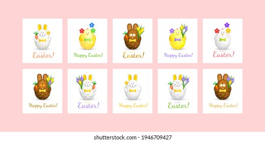 Happy Easter greeting card set. Figures of rabbits, chickens, bunnies from eggs with bouquets of crocus flowers, lollipops and carrots on white background with celebratory inscription. 3D Vector