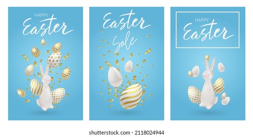 Happy Easter greeting card set set with realistic 3d decoration. Luxury Golden eggs, ceramic bunny and gold confetti. Happy easter celebrating event cards, egg festival banners. Vector illustration.