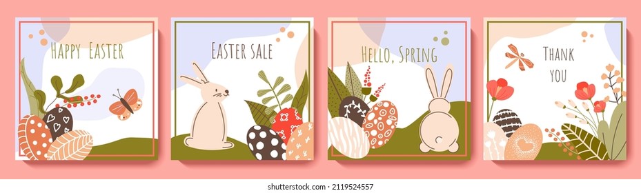 Happy Easter greeting card set. Cute spring backgrounds with rabbits, eggs, flowers, dragonfly, butterfly. Colorful vector templates for social media post, flyer, invitation, postcard square design