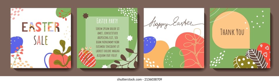 Juego de tarjetas de felicitación de Pascua. Huevos, flores, puntos orgánicos y formas. Plantillas de vector plano de color para publicaciones en redes sociales, anuncios en línea, portada, invitación, postal