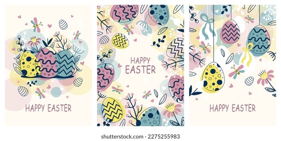 happy easter greeting card set easter eggs and flowers