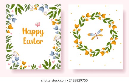 Happy Easter greeting card set. Modern creative universal templates with spring plants and butterflies