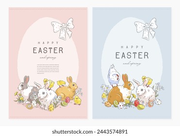 Glückliche Ostern Grußkarte Set mit handgezeichnetem Osterhasen, Huhn, Henne, Eier und Blumen auf rosa und blauem Hintergrund. Eierrahmen. Vektorgrafik