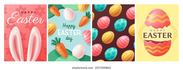 Happy Easter greeting card set. Posters in plasticine style with bunny ears, carrots and Easter eggs. Design for holiday celebration. Cartoon 3D vector illustration collection isolated on background