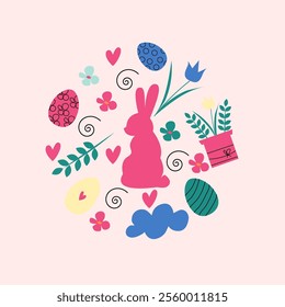 Happy Easter greeting card. Set of cute Easter design elements: bunny, chicks, festive cake, spring flowers, eggs.