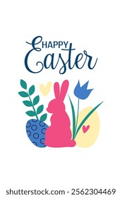 Happy Easter greeting card. Set of cute Easter design elements: bunny, spring flowers, eggs on white background