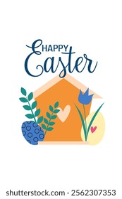 Happy Easter greeting card. Set of cute Easter design elements: bunny, spring flowers, eggs, birdhouse on white background