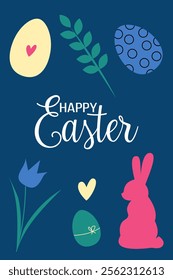 Happy Easter greeting card. Set of cute Easter design elements: bunny, spring flowers, eggs on blue background