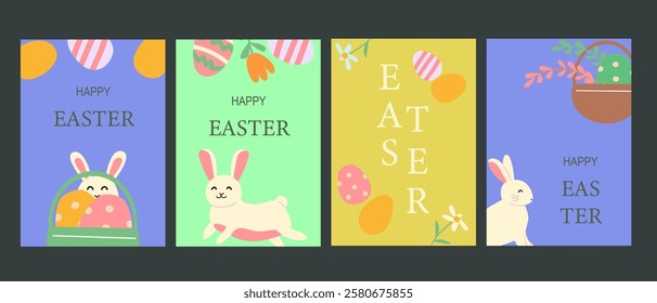 Happy easter greeting card set with geometric designs and cute bunny illustrations.