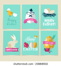 Happy Easter greeting card set with modern flat icons