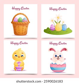 Happy Easter greeting card set. Easter egg, rabbit, chicken, basket. Cartoon illustration.