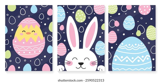 Happy Easter - greeting card set. Easter bunny, egg and cute chick. Colourful hand drawn elements in cartoon style. Vector illustration