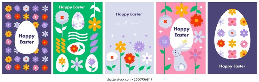 Happy Easter greeting card set. Modern geometric abstract patterns with flowers. Vector Easter illustrations. Easter eggs, rabbit. Template for poster, cover, holiday card.