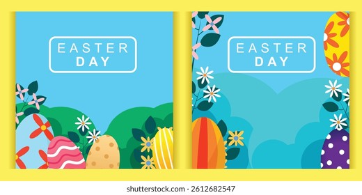 Happy Easter greeting card set. Cute spring background with eggs, flowers and spring. Colorful flat vector template for social media posts, online ads, flyers, invitations, posters, postcards 