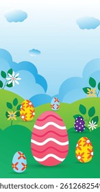 Happy Easter greeting card set. Cute spring background with eggs, flowers and spring. Colorful flat vector template for social media posts, online ads, flyers, invitations, posters, postcards 