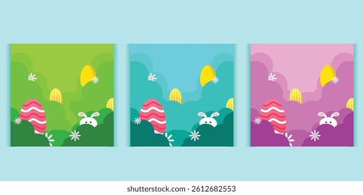 Happy Easter greeting card set. Cute spring background with eggs, flowers and spring. Colorful flat vector template for social media posts, online ads, flyers, invitations, posters, postcards 