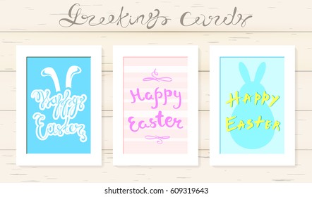 Happy Easter greeting card set on wood texture background. Hand drawn lettering on colorful background. Holiday greeting vector flat design