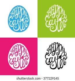 Happy Easter greeting Card set,vector background.Easter egg shape with Hand lettering font,title.Isolated on white,pink,black,green.Vector Easter calligraphy decoration,icon,logo symbol
