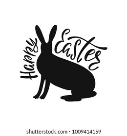 Happy Easter greeting card with silhouette of bunny. Handwritten vector lettering text. Calligraphic phrase. Holiday design.
