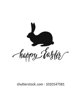 Happy Easter greeting card with silhouette of bunny. Handwritten vector lettering text. Calligraphic phrase. Holiday design.