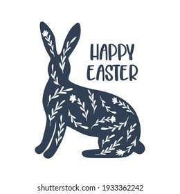 Feliz tarjeta de felicitación de Pascua con silueta de conejo, conejo. Texto manuscrito de las letras vectoriales. Frase caligráfica decorada con flores. Diseño de vacaciones.