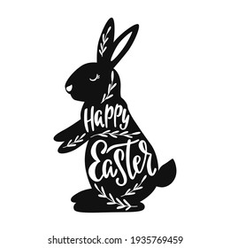 Happy Easter greeting card with silhouette of bunny, rabbit. Handwritten vector lettering text. Calligraphic phrase. Holiday design.