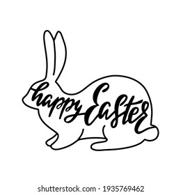 Feliz tarjeta de felicitación de Pascua con silueta de conejo, conejo. Texto manuscrito de las letras vectoriales. Frase caligráfica. Diseño de vacaciones.