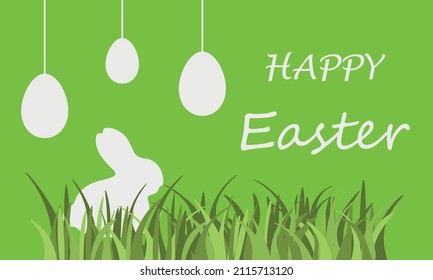 Happy Easter. Greeting card with a silhouette of an Easter bunny and Easter eggs on a green background. Easter bunny in the grass. Vector illustration