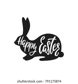 Happy Easter greeting card with silhouette of bunny. Handwritten vector lettering text. Calligraphic phrase. Holiday design.