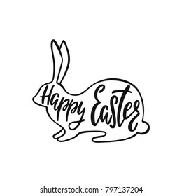 Happy Easter greeting card with silhouette of bunny. Handwritten vector lettering text. Calligraphic phrase. Holiday design.