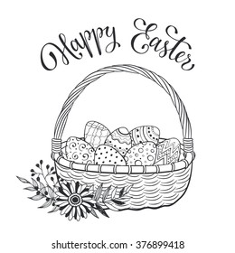 Happy Easter greeting card in sketch style. Easter doodle eggs in basket isolated on white background. Hand drawn Easter basket decorated with flowers. 