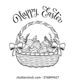 Happy Easter greeting card in sketch style. Easter doodle eggs in basket isolated on white background. Hand drawn Easter basket decorated with bows. 