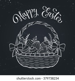 Happy Easter greeting card in sketch style. Easter doodle eggs in basket on blackboard. Hand drawn Easter basket decorated with bows. 