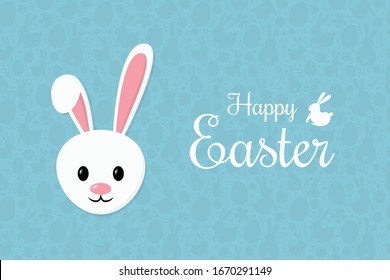 Happy Easter. Greeting card with smiley bunny on blue background with texture. Banner. Vector