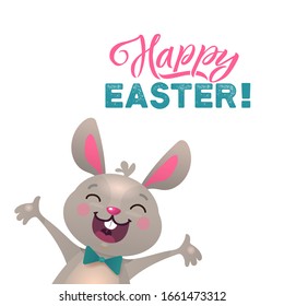 Happy Easter Greeting Card with Smiling Bunny. Vector illustration.