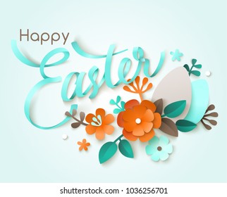 Happy Easter greeting card. Spring seasonal background with eggs and flowers. Paper cut style vector illustration