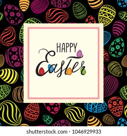 Happy Easter greeting card. Spring holiday decorative bakground with Easter eggs